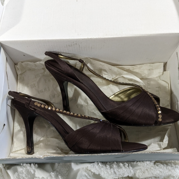 Bronze Satin Rhinestone Slingback Heels First Footwear size 7 - Picture 3 of 4